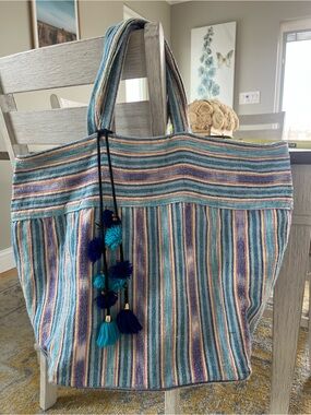 JADEtribe Handwoven Striped Weekender Bag Beach Tote with Tassels / Pom Poms